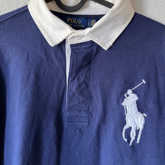 Polo Ralph Lauren Shirt Mens Large Blue  Big Pony  Long Sleeve Rugby Polo - Picture 2 of 5
